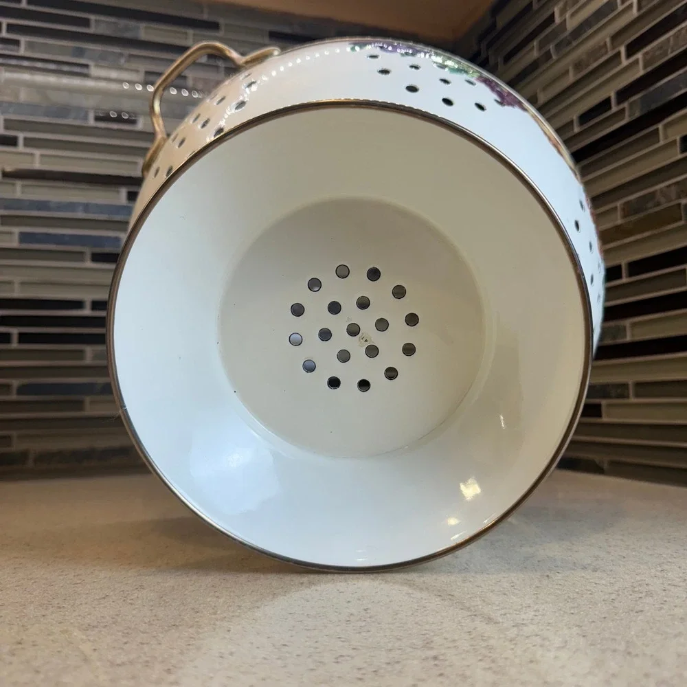 Vintage Enamel Fruit Colander White‎ Pedestal Strainer Brass Handles Cottagecore
